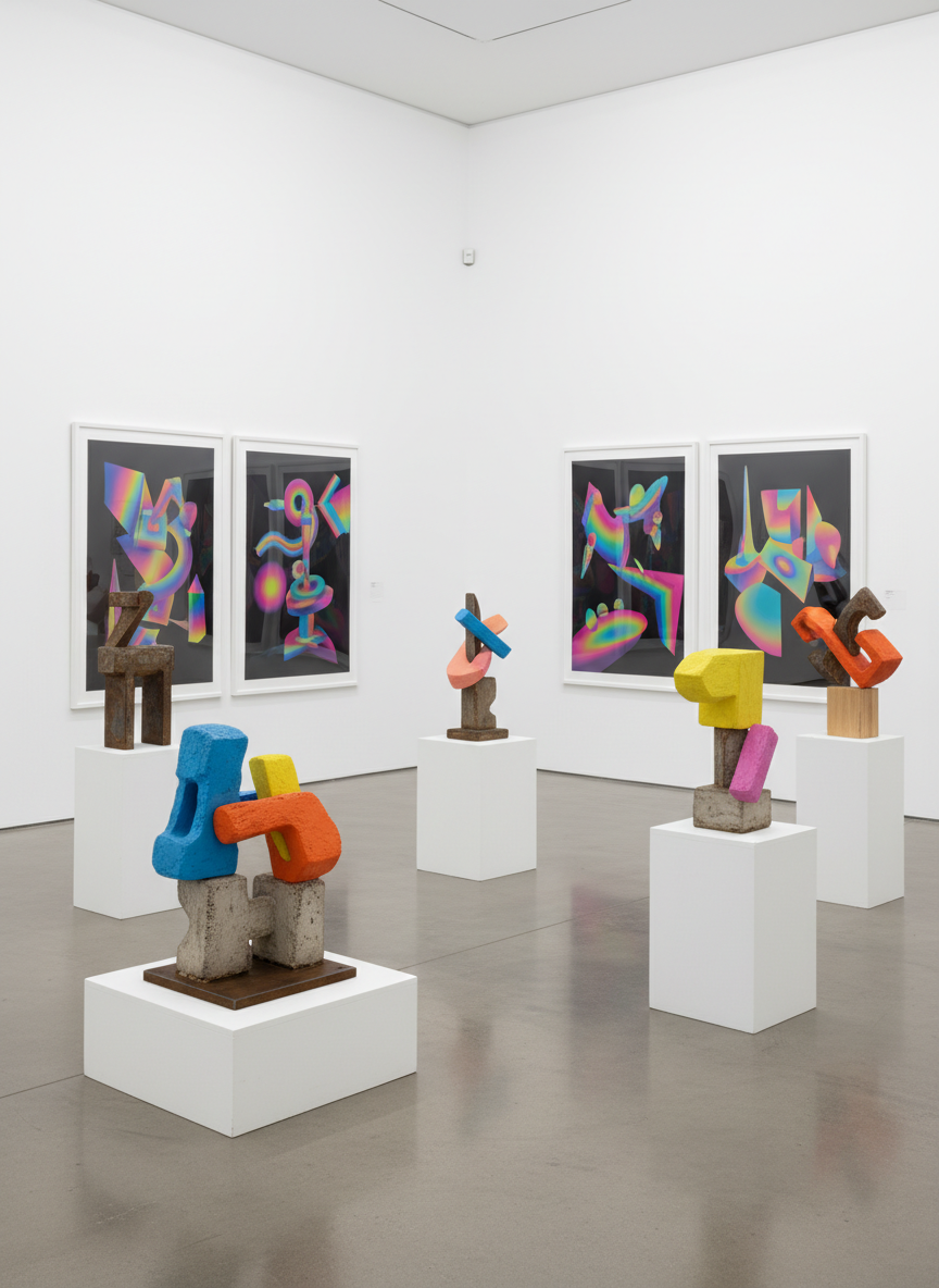A large, playful arrangement of mixed-media sculptures and digital art pieces displayed in a bright, white gallery space. Chunky abstract sculptures made from welded metal, rough concrete, and smooth painted wood stand on clean plinths, while bold Photoshop and Illustrator prints with surreal, distorted shapes and neon color gradients hang on the walls. Soft, even studio lighting washes the room, creating subtle reflections on glossy surfaces and gentle shadows beneath each sculpture. Shot in photographic realism from an eye-level, wide-angle perspective, the composition uses leading lines of the gallery floor and walls to draw the eye through the exhibition. The mood is energetic and experimental, highlighting the artist’s multi-medium practice in a clean yet playful environment.