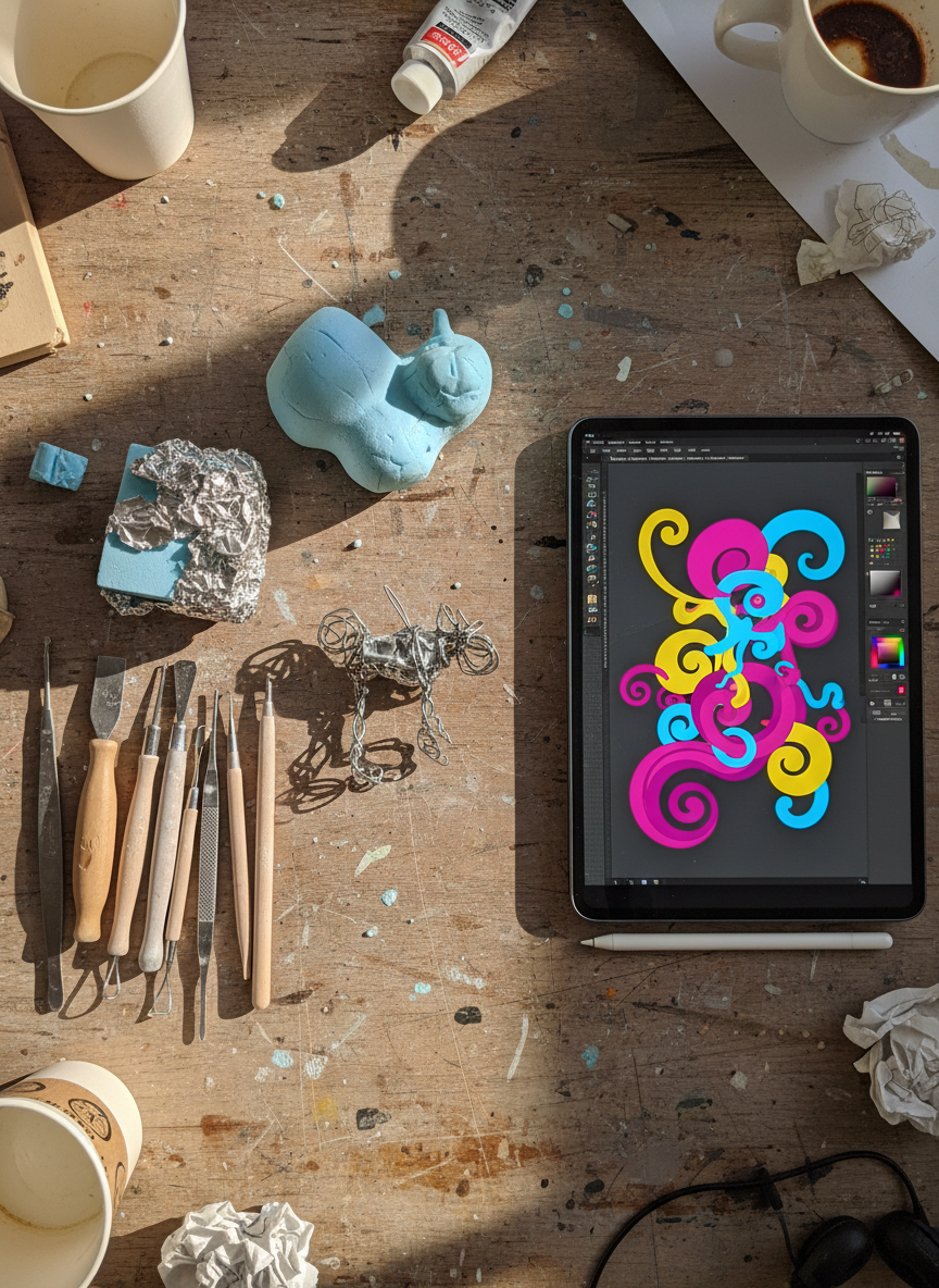 A high-resolution photographic flat lay of a messy art student workstation, filled with both physical and digital tools. On a well-worn wooden desk lie sculpting tools dusted with clay, a small unfinished wire armature, and a chunk of half-carved foam. Next to them, a sleek tablet displaying a vibrant Illustrator vector artwork with exaggerated, surreal shapes in bright magenta, cyan, and electric yellow. Soft afternoon light from an unseen studio window falls across the surface, creating warm highlights on metal tools and gentle shadows between objects. The composition is shot from a perfectly top-down, bird’s-eye view with sharp focus throughout, creating a playful, energetic atmosphere that celebrates the blend of traditional sculpture and digital creation.